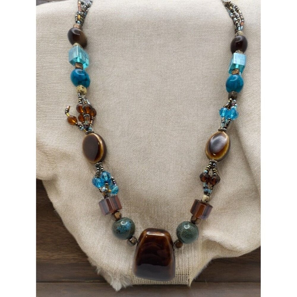 Vintage Beaded Faux Stone Necklace Brown Blue Earth Tones